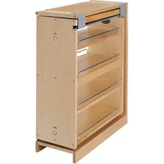 a wooden cabinet with three drawers on one side and an open drawer on the other