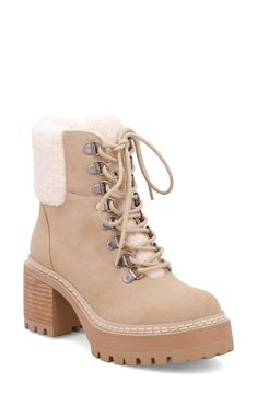 A chunky lug sole adds a hiker-inspired style to a fashion-forward boot, accented with faux shearling trim. 2 3/4" heel, 1" platform 5 1/4"shaft Side zip closure, lace-up vamp PU and textile faux shearling upper/textile lining/rubber sole Imported Shoes For Women Outfits, Shoes For Women Aesthetic, Shoes For Women Winter, Shoes For Women Nike, Women Black Shoes, Black Shoes For Women, Shoes For Women Black, Shoes For Women Boots, Shoes For Women Heels