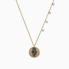 Effy 14K Yellow Gold Multi Sapphire and Diamond Hamsa Necklace, 0.33 TCW Gold Multi-stone Round Pendant Jewelry, Gold Oval Multi-stone Necklace, Gold Multi-stone Necklace Fine Jewelry, Hamsa Necklace, Multi Sapphire, Yellow Stone, Gold Yellow, Round Diamonds, Gold Metal