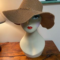 Leather Trim Band Natural Color One Size New With Tag Lightweight Wide Brim Sun Hat, Lightweight Wide Brim Sun Hat One Size, Summer Fedora Hat One Size, Chic One Size Hat For Vacation, Brown One Size Sun Hat For Spring, Brown One-size Sun Hat For Spring, One Size Summer Brimmed Hat, Brown Sun Hat With Short Brim, One Size, Gold Straw Hat With Curved Brim For Vacation