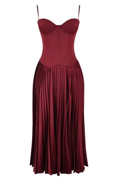 Fall for the sultry silhouette of this rich satin maxi designed with a corseted bodice and a swingy pleated skirt. Back zip closure Sweetheart neck Adjustable straps Lined 94% polyamide, 6% polyurethane with 95% polyester, 5% elastane contrast Dry clean Imported Burgundy Dress Outfit, Wine Red Dress, Wine Dress, House Of Cb Dresses, Fall Wedding Guest Dress, Cocktail Attire, Holiday Party Dresses, Dreamy Dress, Pleated Maxi Dress