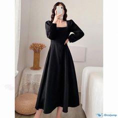 Orcajump - Classic Black Long-Sleeve Knee-Length Dress with Square Neckline - Fashionable and Timeless Dress With Square Neckline, 115 Pounds, 160 Pounds, 130 Pounds, Waist Circumference, Square Necklines, Knee Length Dress, A Line Skirt, Square Neckline