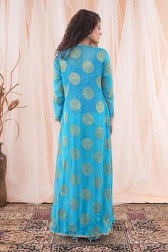 Peacock blue banarasi georgette long shrug with circular motifs embroidery. Comes with sharara and an ink blue banarasi brocade top with cutdana hand work. - Aza Fashions Blue Shrug, Brocade Top, Motifs Embroidery, Long Shrug, Banarasi Brocade, Sharara Set, Ink Blue, Women Kurta, Peacock Blue