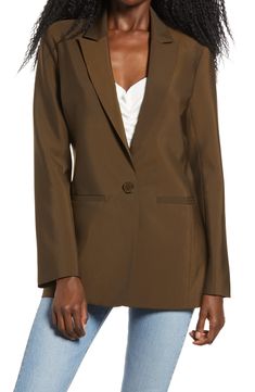 Complete your look with a tailored touch when you add this single-button jacket cut in a classic style to a slightly longer length. Style Name:Endless Rose Tailored Single Button Blazer. Style Number: 5841075. Sleek Blazer With Single Button And Lapel Collar, Sleek Single-breasted Notched Blazer, Sleek Single Breasted Notched Blazer, Sleek Blazer With Notch Lapel And Buttons, Chic Single-breasted Sport Coat For Formal Events, Sleek Solid Color Single-breasted Blazer, Elegant Single Button Fall Sport Coat, Sleek Blazer With Lapel Collar And Buttons, Chic Notched Blazer With Button Closure