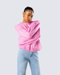 You can never go wrong with a simple and sleek moment 💕 This two-piece set pairs a pink chunky sweater top with blue denim straight leg jeans for the perfect cute and cozy everyday look 😚 Trendy Cotton Chunky Knit Sweater, Trendy Chunky Knit Cotton Sweater, Cozy Pink Sweater With Relaxed Fit, Trendy Cropped Sweater, Cozy Pink Relaxed Fit Sweater, Cozy Pink Sweater In Relaxed Fit, Pink Cotton Trendy Sweater, Casual Pink Everyday Sweater, Pink Casual Everyday Sweater