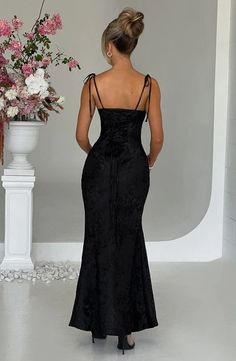 Whitney Maxi Dress - Black – BABYBOO Black Dresses Long, 2023 Wishlist, Beautiful Drapes, Long Black Dress, Jacquard Fabric, Black Dresses, Slim Waist, Black Maxi Dress, Dresses Long