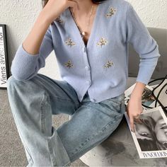 Short Sweater Coat Women Spring Autumn Korean Fashion Loose Knitted CardiganLength:46cm,Bust:100cm,Sleeve:51cm Autumn Korean Fashion, Fall Stripes, Short Sweater, Short Cardigan, Sweater Coat, Women Sleeve, Coat Women, Knitted Cardigan, Sweater And Shorts