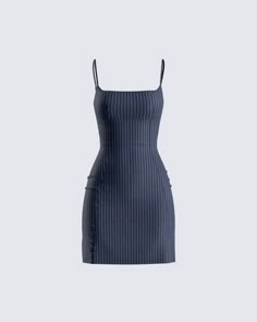 This dress means business 🙌 Unleash your inner boss babe with this navy pinstripe mini dress - crafted with a pinstripe fabric, figure-hugging bodycon fit, adjustable straps, and an invisible side zipper 💙 Navy Blue Dress, Dress Png, White Corset Dress, Yellow Mini Dress, Navy Blue Top, Kehlani, Dress Crafts, Glam Dresses, Sequin Mini Dress