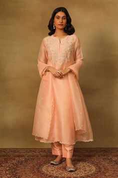 Peach A-line kurta with pearl embroidery. Paired with a plain straight pant and dupatta with embroidered scallop border. - Aza Fashions Scallop Border, Pearl Embroidery, A Line Kurta, Kurta With Pants, Set Women, Pants Pattern, Pant Set, Straight Pants, Set For Women