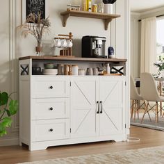 a white cabinet with open doors in a living room next to a dining room table