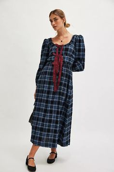 Damson Madder Dakota Bow Dress | Free People Midi Dress Winter, Womens Winter Dresses, Fall Maxi, Free People Maxi, Bow Dress, Check Dress, Lovely Clothes, Blue Check, Style Maxi Dress