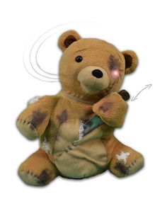 a brown teddy bear with white spots on it's chest holding a cell phone