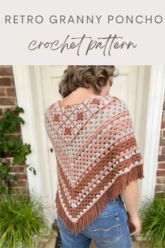 a woman wearing a crochet shawl with text that reads, retro granny ponch