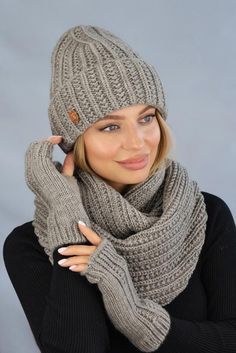 Elevate your winter wardrobe with this chic Hats, Scarves, and Gloves Set for Women! Handcrafted with the finest materials, this matching set will keep you cozy and stylish all season long. Stay warm in style with this must-have accessory trio. Stay fashionable and warm with this trendy Hats, Scarves, and Gloves Set for Women. Made with premium quality fabrics, this set is designed to keep you comfortable and stylish during the colder months. Elevate your outfit effortlessly with this versatile matching set. Complete your cold-weather look with this sophisticated Hats, Scarves, and Gloves Set for Women. Crafted with attention to detail, this fashionable set offers both warmth and style. Whether you're headed to work or a weekend getaway, this elegant set is the perfect accessory for any ou One Size Winter Crochet Hat, Winter Knit Crochet Hat, Winter Acrylic Hat One Size, One Size Acrylic Winter Hat, Cozy Fitted Winter Hats, One Size Hand Knitted Hat For Winter, One Size Knit Crochet Hat For Winter, Warm Gray Crochet Hat For Fall, Solid Knit Crochet Winter Hat