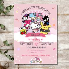 a pink birthday card with cartoon characters on it and the words,'join us to celebrate