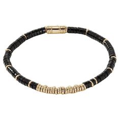 This Heishi Bracelet by John Hardy Features beautiful Onyx beads separated by shiny 14K Yellow Gold beads. The 4mm guage bracelet is help together by a Gold pusher clasp. Color: Black Bracelet: 1 band Material: Gold Metal Stamp: 14k Model: BUGGS900984BON Bracelet Heishi, Heishi Bracelet, Black Bracelet, Onyx Bracelet, Black Bracelets, John Hardy, Onyx Bead, Metal Stamping, Gold Beads