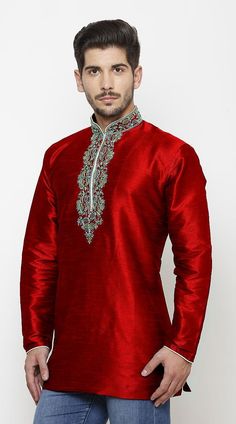 Manka is a men's ethnic clothing brand offering fashion at an affordable price. With clean and simple silhouettes integrated with traditional motifs and designs, We offer a range of stylish outfits, perfectly blended for occasion wear. Our kurtas range are perfect fits for the modern man. Traditional Fitted Kurta With Band Neckline, Short Kurta, Designer Kurtis, Dupion Silk, Kurta Designs, Maroon Color, Modern Man, Neck Collar, Silk Fabric