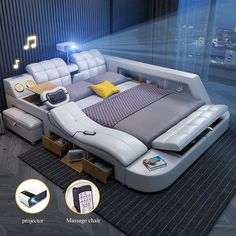 a futuristic couch with music notes on the headboard and remote controls in front of it