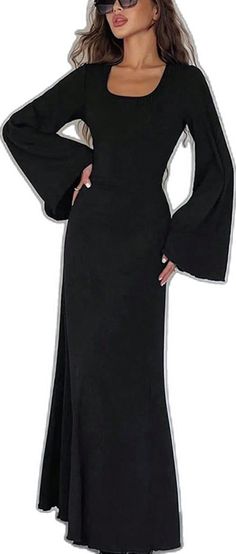 Black Long Sleeve Banquet Dress, Black Long Sleeve Dress For Banquet, Black Long Sleeve Midi Dress For Banquet, Fall Long Sleeve Dresses For Banquet, Solid Long Sleeve Maxi Dress For Party, Long Sleeve Dress For Fall Banquet, Fall Party Maxi Dress With Bell Sleeves, Long Sleeve Solid Color Midi Dress For Banquet, Fall Banquet Long Sleeve Maxi Dress