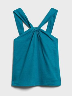 Linen-Blend Twisted Halter Top | Banana Republic Chic Cross Back Tank Top For Summer, Chic Tops With Knotted Straps For Vacation, Summer Tank Top With Tie Back And Cross Back, Summer Tank Top With Tie And Cross Back, Summer Cross Back Tank Top With Tie Back, Chic Vacation Tops With Knotted Straps, Chic Cross Back Top With Tie Detail, Spring Beach Halter Top With Cross Back, Cross Back Halter Top For Beach In Spring