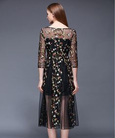 Lace Embroidery Flower Black Dress Spring Floral Print Embroidered Knee-length Dress, Knee-length Floral Embroidered Dress For Spring, Spring A-line Embroidered Dress With Floral Embroidery, Black Floral Embroidered Summer Dress, Black Embroidered Spring Dress, Black Midi Dress With Floral Embroidery And Short Sleeves, Spring Black Embroidered Midi Dress, Black Embroidered Knee-length Summer Dress, Black Embroidered Midi Dress For Spring