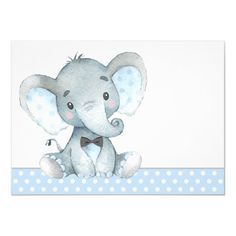 a baby elephant is sitting on a blue and white polka dot tablecloth with the words, thank you