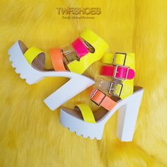 Multi Buckle Strap Open Toe Platform Sandals Cushioned Insole Lug Sole Measurement Heel Height: 5" (Approx) Platform 1.5" Platform Heels Chunky, Shoe Boutique, Neon Colors, Lug Sole, Chunky Heel, Platform Shoes, Chunky Heels, New Shoes, Platform Sandals