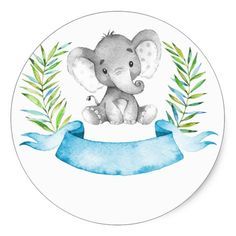 an elephant sitting on top of a blue ribbon with green leaves around it's neck