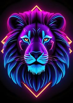 a neon lion head with blue and purple lights on it's face, against a black background