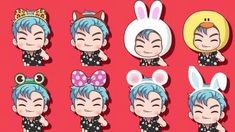 some cute little cartoon characters with blue hair and bunny ears on their heads, all in different