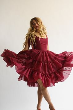 Soft Tulle Dress, Red Fitted Bodice Dress For Costume Party, Red Dress With Fitted Bodice For Costume Party, Red Ruffled Dress For Costume Party, Red A-line Dress For Costume Party, Burgundy Knee-length Formal Dress, Casual Red Ruffled Midi Dress, Fitted Burgundy Ruffled Dresses, Fitted Burgundy Dresses With Ruffles