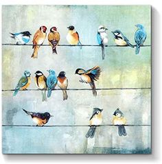 a painting of birds sitting on wires with blue sky in the background and one bird standing out from the crowd