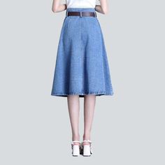 Make a statement this season with our 2023 Spring-Summer Collection Flap Pocket Bell-shaped Denim Skirt! Light wash. high-waisted with a fit and flare silhouette. this edgy trend piece brings grunge elegance to your wardrobe. Distinctive Features: Light Wash: Crafted for a conventional denim look. this skirt has a light wash that exudes a timelessly cool attitude. High-Waisted: Designed to hug your silhouette and ensure maximum comfort. this high-waisted skirt is a chic choice. Fit & Flare: Show Denim Skirts Online, Flared Denim Skirt, Flared Denim, Fit And Flare Silhouette, Denim Skirt Women, Denim Flares, Light Blue Color, Light Wash Denim, Fit & Flare