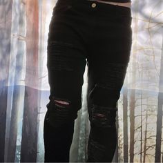 Black Distressed Denim Skinny Jeans Trendy Black Ripped Pants, Black Ripped Punk Jeans, Punk Style Ripped Black Jeans, Black Ripped Edgy Pants, Casual Ripped Black Jeans, Edgy Black Ripped Pants, Black Ripped Cotton Jeans, Black Ripped Punk Bottoms, Alternative Style Ripped Black Bottoms