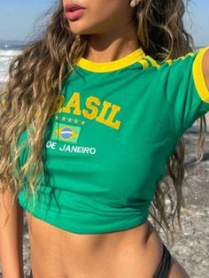 Brazil Crop Top, Brazil T Shirt, Brazilian Flag, Crop Top Dress, Cut Top, Y2k Top, Letter Embroidery, Cute Fit, Baby T Shirts