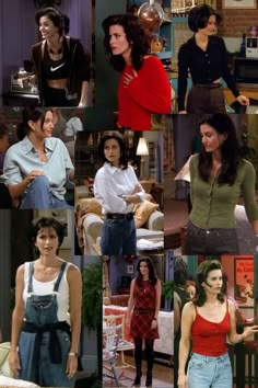 many different pictures of women in the same room, with one woman wearing overalls