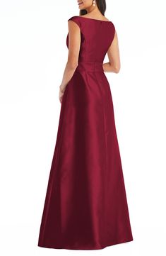 A lustrous satin gown checks every glamorous box with its shoulder-showing, deeply dipped neck, set-in sash and full circle skirt. A pair of pockets perfects the celebratory look. 60" length (size 8) Hidden back-zip closure Off-the-shoulder neck Surplice V-neck Side-seam pockets Get the perfect fit—book an appointment with one of our alterations experts Lined 100% polyester Dry clean or machine wash, line dry Imported Women's Clothing Twill Dress, Alfred Sung, Draped Bodice, Full Circle Skirt, Full Circle Skirts, Satin Gown, Satin Maxi, Satin Maxi Dress, Full Circle