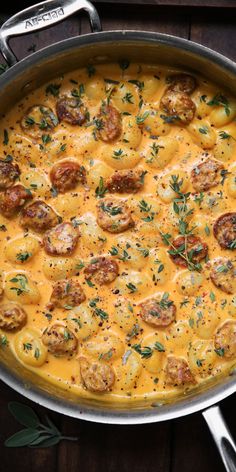 Creamy Butternut Squash Gnocchi with Sausage, Thyme, and Sage in a stainless steel pan Creamy Butternut Squash Gnocchi, Gnocchi With Sausage, Butternut Squash Gnocchi, Squash Gnocchi, Creamy Butternut Squash, Fall Comfort Food, Fall Dinner Recipes, Fall Soups