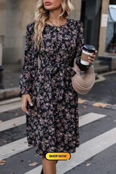 Black long-sleeved V-neck floral dress Chic Floral Printed V-neck Dress, Chic Ditsy Floral Print Dress, Black Feminine V-neck Midi Dress, Chic V-neck Floral Dress For Date Night, Chic Ditsy Floral Print Maxi Dress, Flowy V-neck Floral Dress For Fall, Chic Maxi Floral Dress With Ditsy Print, Elegant Ditsy Floral Print Maxi Dress, Modest V-neck Floral Print Dress