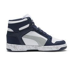 These Rebound high-top big boy's sneakers from PUMA feature a vintage design and are made from a two-tone faux leather with a cushioned insole. They also have classic lace-up ties and a rubber traction sole to keep his steps grounded on and off the basketball court.Features: ComfortClosure Type: Lace-UpUpper/Outer Base Material: 100% SyntheticShoe Lining Material: TextileSole Material Content: 100% RubberCountry of Origin: Imported Retro High-top Skate Shoes With Abzorb Midsole, Casual High-top Basketball Shoes For School, White Retro High-top Sneakers, Sporty High-top Skate Shoes For School, Retro High-top Sneakers With White Sole, Retro Basketball Shoes With Round Toe And White Sole, Lace-up High-top Sneakers With Rubber Sole For School, Retro Basketball Shoes With Contrast Sole, School Lace-up High-top Sneakers With Rubber Sole