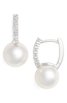 Free shipping and returns on Mikimoto Diamond & Akoya Cultured Pearl Earrings at Nordstrom.com. Shimmering pavé diamonds encrust the setting of petite hoop earrings punctuated with magnificently lustrous Akoya pearls. Mikimoto Earrings, Drusy Jewelry, Rose Gold Hoop Earrings, Earrings White Gold, Pave Diamond Jewelry, Pave Diamond Earrings, Druzy Jewelry, Freshwater Pearl Jewelry, Hammered Hoop Earrings