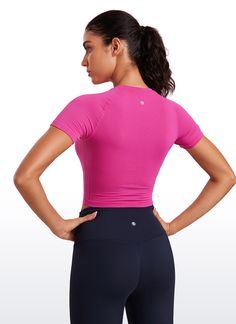 Seamless collection of smooth, soft knit fabric is designed to help reduce chafing and quick drying. Cropped tee with slim-fit design flatters your figure. Raglan sleeves for maximum comfort. Perfect for workout, training and sports. Feature & Fitting: 
 Designed for running and training 
 Slim fit, crop length 
 Raglan sleeve, crew neck 
 Fabric: 
 Fast sweat-wicking keep you dry 
 Minimal seams to reduce chafe 
 Four-way stretch, good elasticity, no sense of restraint 
 96% Polyamide, 4% E Fitted Athleisure T-shirt For Training, Fitted Breathable T-shirt For Athleisure, Breathable Fitted T-shirt For Workout, Seamless Short Sleeve T-shirt For Gym, Pink Athleisure T-shirt For Yoga, Solid Compressive Athleisure T-shirt, Go-dry Medium Support Elastane Top, Medium Support Go-dry Elastane Top, Moisture-wicking Medium Support Elastane Top