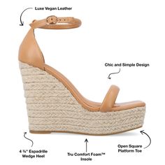 Catch some summer rays and maybe a few compliments in the Olesia espadrille wedge sandal from Journee Collection. This summery style offers the perfect combination of classy yet casual with their luxe vegan leather toe band buckle ankle strap and open square toe. A 4 mm Tru Comfort Foam� insole will leave your feet feeling like they're on cloud 9. Summer Ray, Slip On Espadrilles, Target Clothes, Open Toed Heels, Wedge Heel Sandals, Open Toe Shoes, Espadrille Wedge, Buckle Shoes, Shoes Heels Pumps