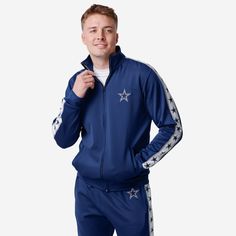 Dallas Cowboys Stripe Logo Track Jacket FOCO S - FOCO.com Cowboy Outfits, Logo Display, One Piece Pajamas, Bib Overalls, Track Jacket, Lounge Pants, The Block, Dallas Cowboys, Track Jackets