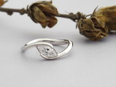 a close up of a ring on a branch with flowers in the background and leaves