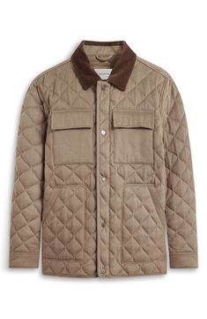 Head into the cold-weather season in this timelessly stylish and comfortably functional field jacket boasting a wale-corduroy collar, diamond-quilted insulation and a relaxed fit. 27" length Two-way front-zip closure with snap storm placket Spread collar Adjustable snap cuffs Front welt pockets; chest flap pockets Lined, with synthetic fill 53% wool, 32% polyester, 5% cashmere, 5% nylon, 5% other fibers Dry clean Imported Casual Diamond Quilted Jacket For Winter, Casual Diamond Quilted Outerwear For Fall, Casual Diamond-quilted Outerwear For Fall, Casual Quilted Jacket With Diamond Quilting For Fall, Fall Workwear Outerwear With Diamond Quilting, Diamond Quilted Outerwear For Winter Outdoor Activities, Casual Outerwear With Diamond Quilting, Diamond Quilted Outerwear For Work In Fall, Diamond Quilted Outerwear For Fall Workwear