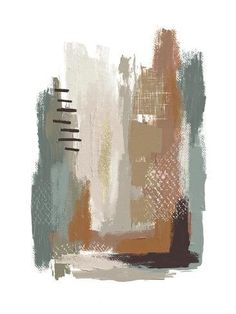 an abstract painting with various colors and lines on it's surface, including brown, beige