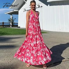 Tavmart Sexy Halter Backless Dress Women Summer Maxi Long Pink Floral Boho A - Line Elegant Beach Halter Backless Dress, Maxi Long Dress, Summer Maxi, Dress Pink, Beach Dress, Long Maxi Dress, Summer Dresses For Women, Pink Dress, Pink Floral