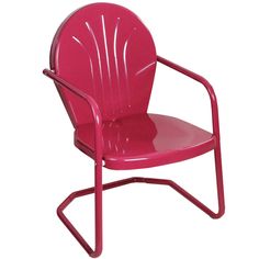 a pink plastic chair with a metal frame and arm rests on a white background,