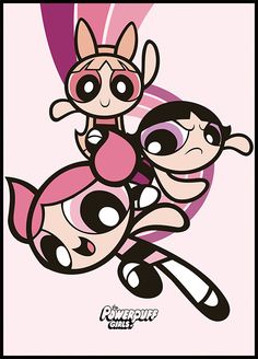 the powerpuff girls cartoon character is flying through the air with their arms around each other